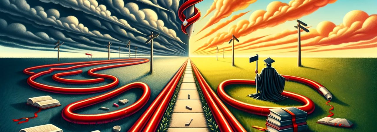 Uma ilustração conceitual que representa a encruzilhada entre a decisão de comprar um diploma, simbolizada por uma estrada que leva a um diploma enrol