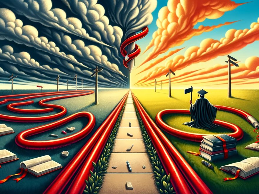 Uma ilustração conceitual que representa a encruzilhada entre a decisão de comprar um diploma, simbolizada por uma estrada que leva a um diploma enrol